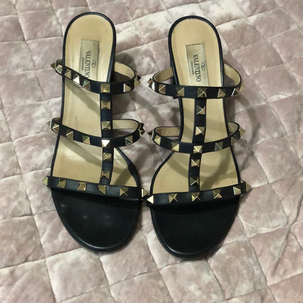 Valentino Garavani Black Sandals with Gold Studs